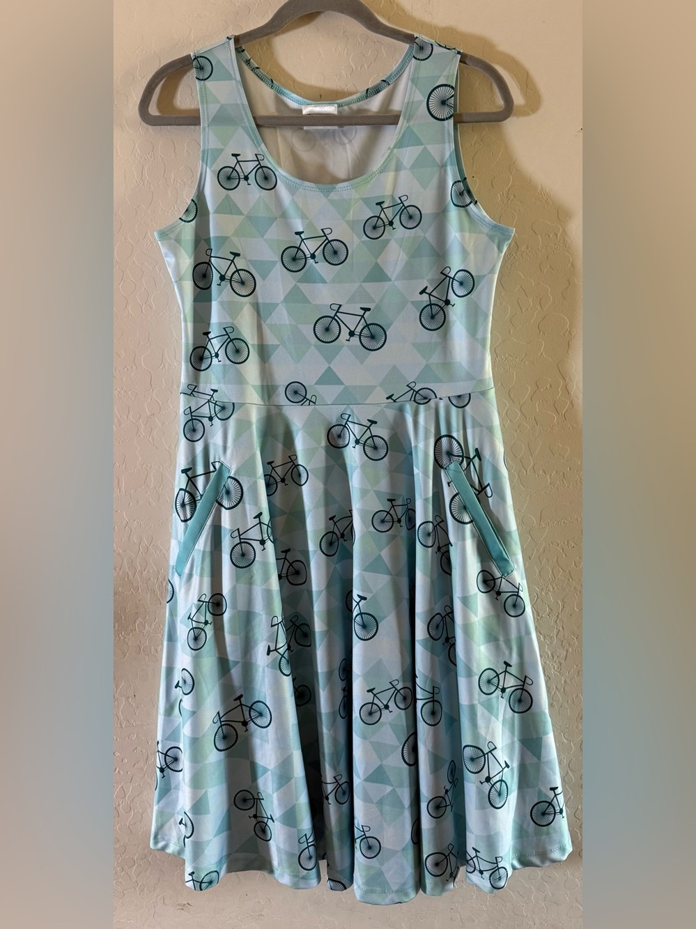 Cowcow, XL, sleeveless fit & flare dress with a bicycle/ geometric print